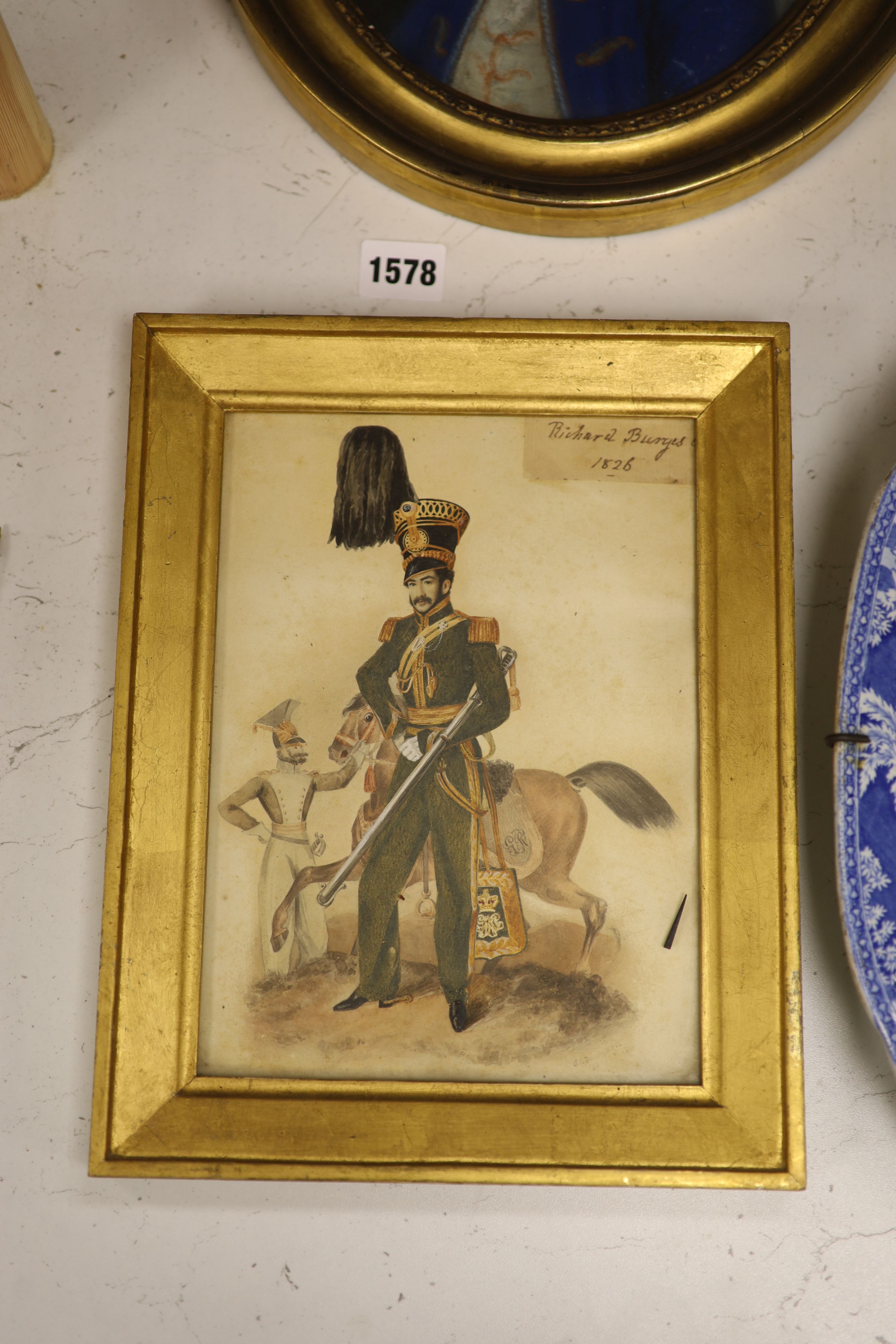 Early 19th century English School, watercolour, Portrait of Captain Richard Burges, Cornet Cape Cove Cavalry (1802-1848), inscribed and dated 1826, 23 x 17cm